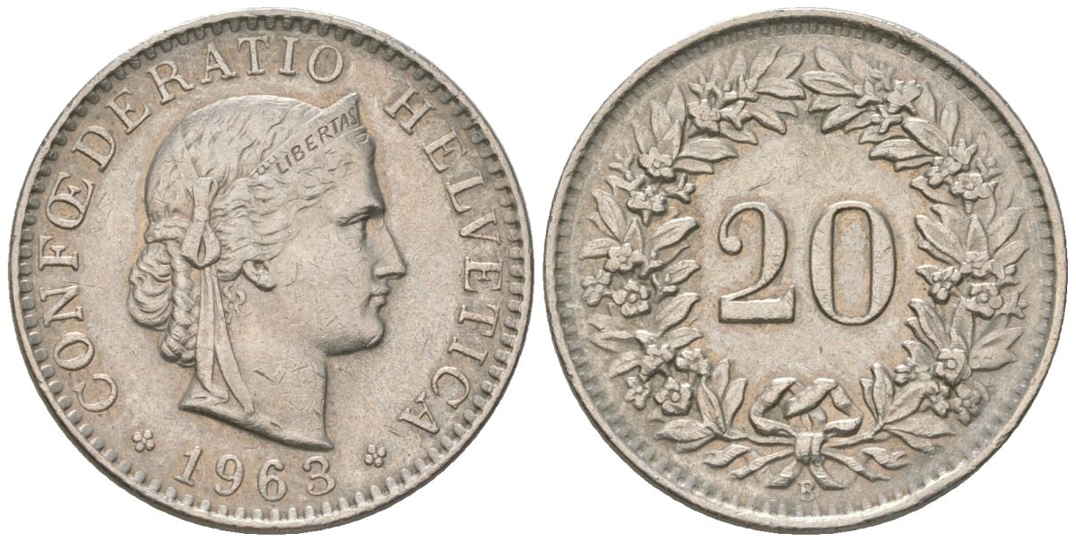 Швейцария 20 раппенов 1963 B KM 29a медно-никель 220-1243