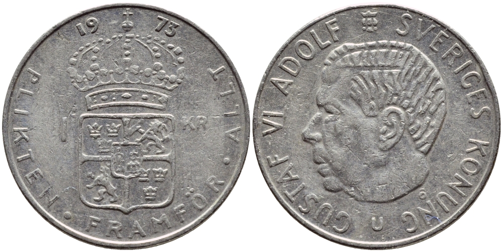 Швеция 1 крона 1973 Густав VI Адольф (1950-1973) KM 826а медь плакированная медно-никелем 4395-336