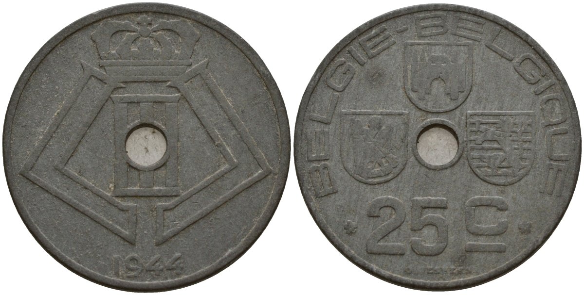 Бельгия 25 сантимов 1944 Belgie - Belgique, Леопольд III (1934-1947), германская оккупация, Вторая мировая война KM 132 цинк 4157-621