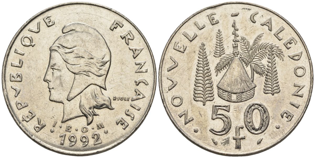 Французская Новая Каледония 50 франков 1992 хижина среди сосен и пальм, (IEOM) KM 13, Schoen 15, Lec 121 никель 4123-316