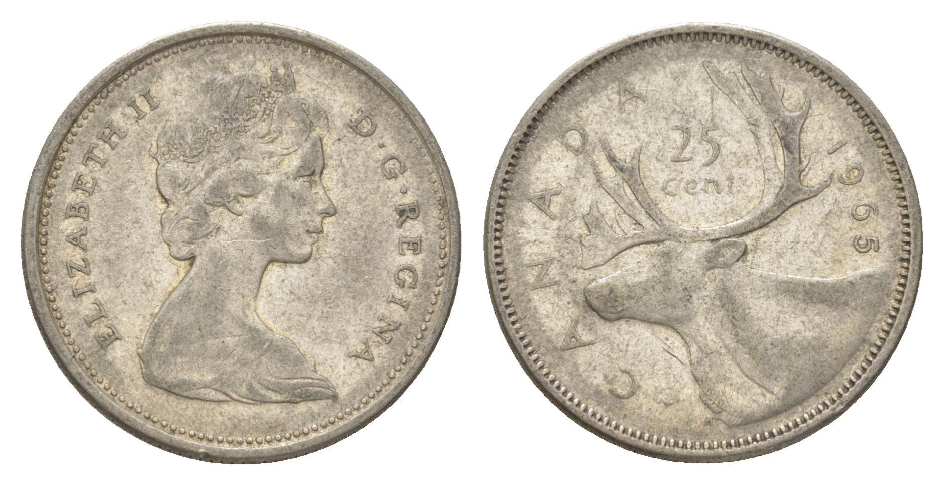 Канада 25 центов 1965 Елизавета II (1952-2022), олень KM 62 серебро 4622-851