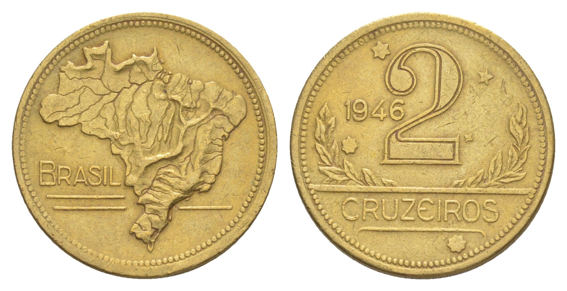 Бразилия 2 крузейро 1946 KM 559 алюминиевая бронза 4642-1215