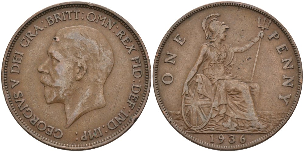 Великобритания 1 пенни 1936 Георг V (1910-1936) KM 838, Spink 4055 бронза 3333-1222