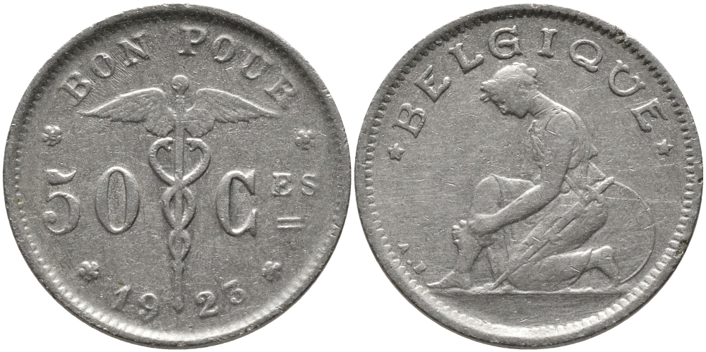 БЕЛЬГИЯ 50 САНТИМОВ 1923 BELGIQUE KM 87 никель 4385-635