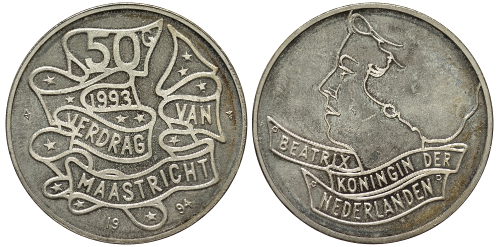 Нидерланды 50 гульденов 1994 Маастрихтский договор KM 217 серебро UNC 443-1032