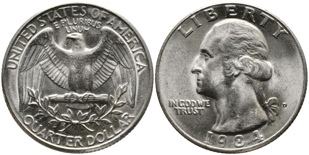 США 25 центов (квотер) 1984 D, Вашингтон KM А164а медь плакированная медно-никелем 3336-652