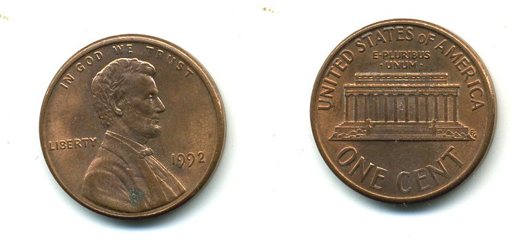 США 1 ЦЕНТ 1992 ЛИНКОЛЬН KM 201b цинк плакированный медью 46-766
