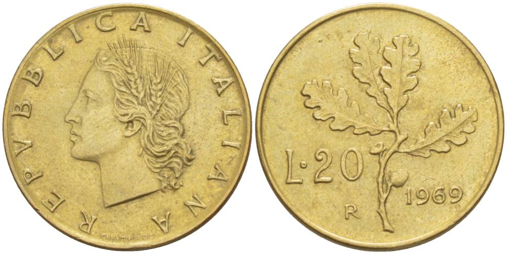 ИТАЛИЯ 20 ЛИР 1969 R, ДУБОВЫЕ ЛИСТЬЯ KM 97.2 алюминиевая бронза 4551-247