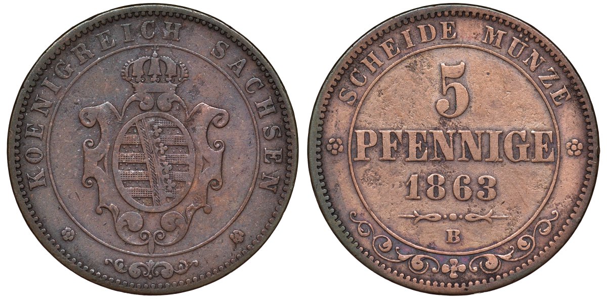 Саксония 5 пфеннигов 1863 В, Йоханн (1854-1873) KM 1218 медь 51-2414