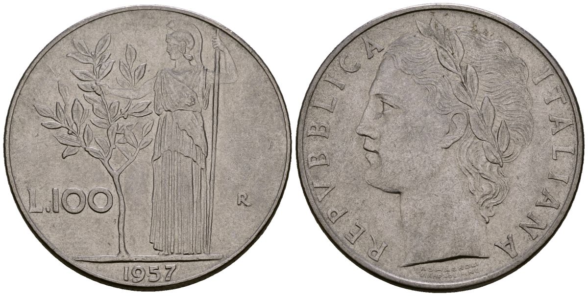 Италия 100 лир 1957 KM 96.1 нержавеющая сталь 4165-1024