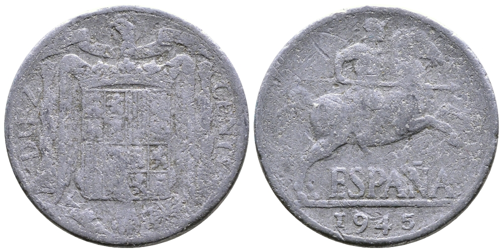 ИСПАНИЯ 10 СЕНТИМО 1945 РЫЦАРЬ НА КОНЕ KM 766 алюминий 4110-1411