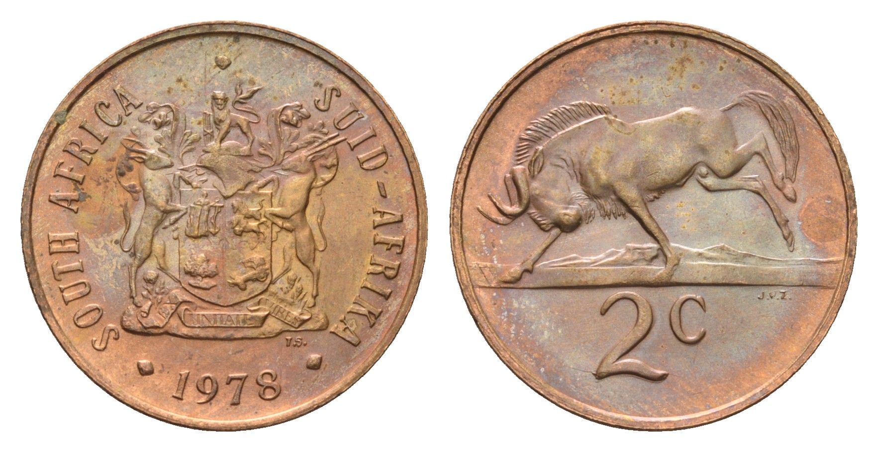 ЮАР 2 цента 1978 герб, антилопа гну KM 83 бронза UNC 4605-1046