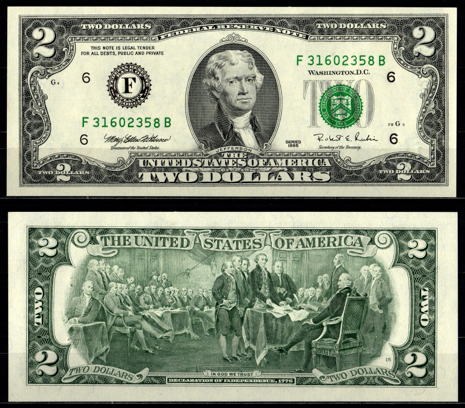 США 2 доллара 1995 F Pick 497 бумага UNC (пресс) 7195-2-2