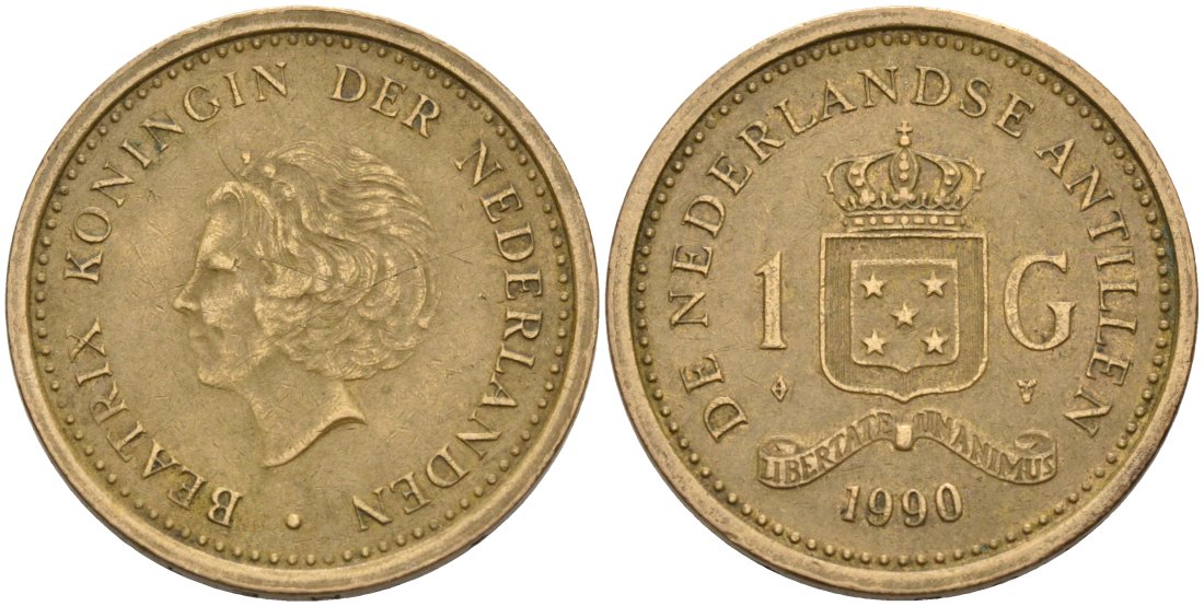 Нидерландские Антилы 1 гульден 1990 Беатрикс (1980-2013) KM 37 позолоченная сталь 210-532