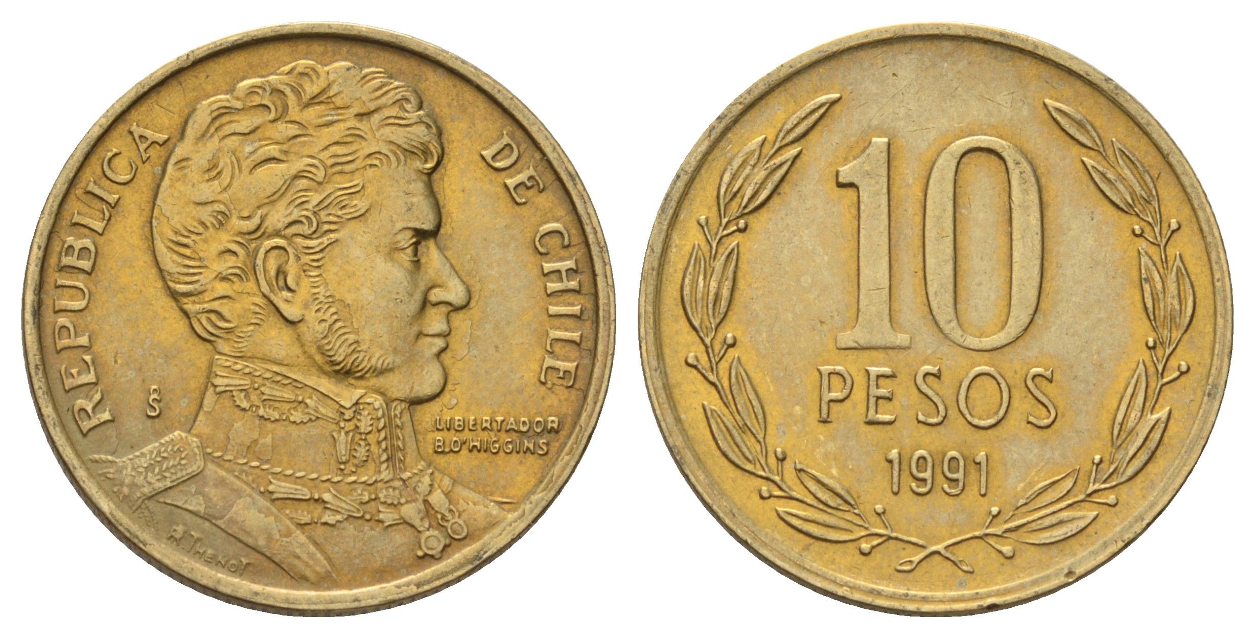 Чили 10 песо 1991 KM 228 никель латунь UNC 4689-249