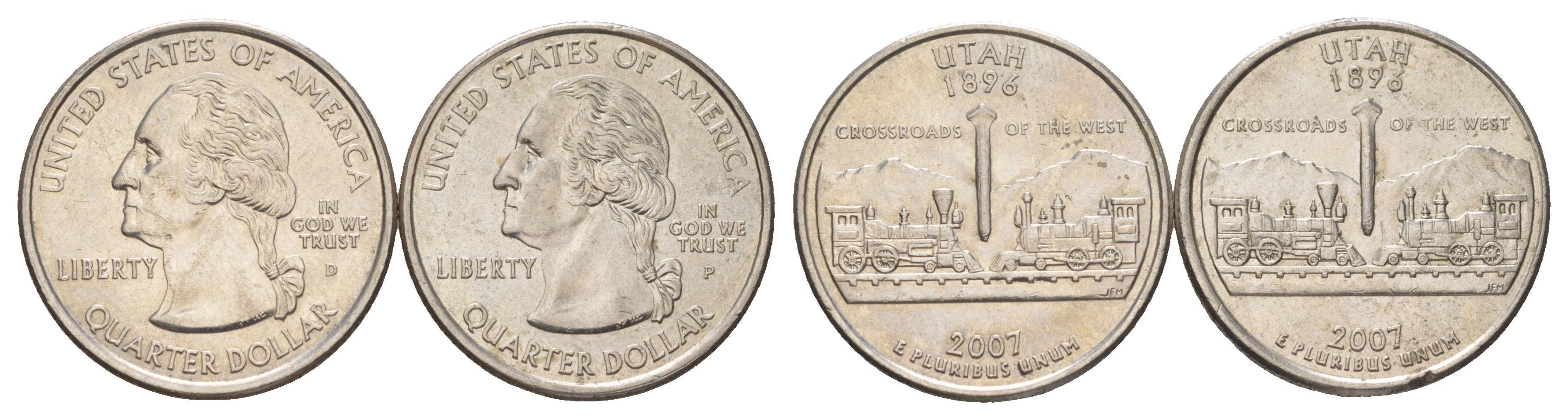 США набор обоих монетных дворов 25 центов (квотер, 1/4 доллара) 2007 D и P, Квотер штата Юта KM 400 медь плакированный медно-никелем UNC 4629-151-152