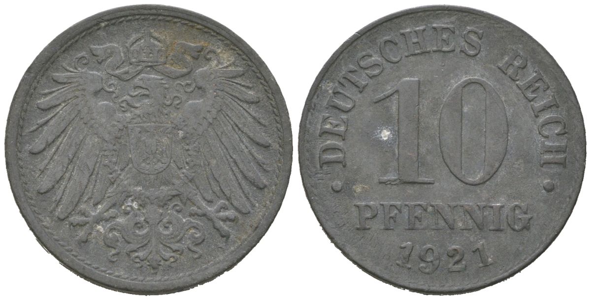 Германия 10 пфеннигов 1921 KM 26, J. 299 цинк 4615-755