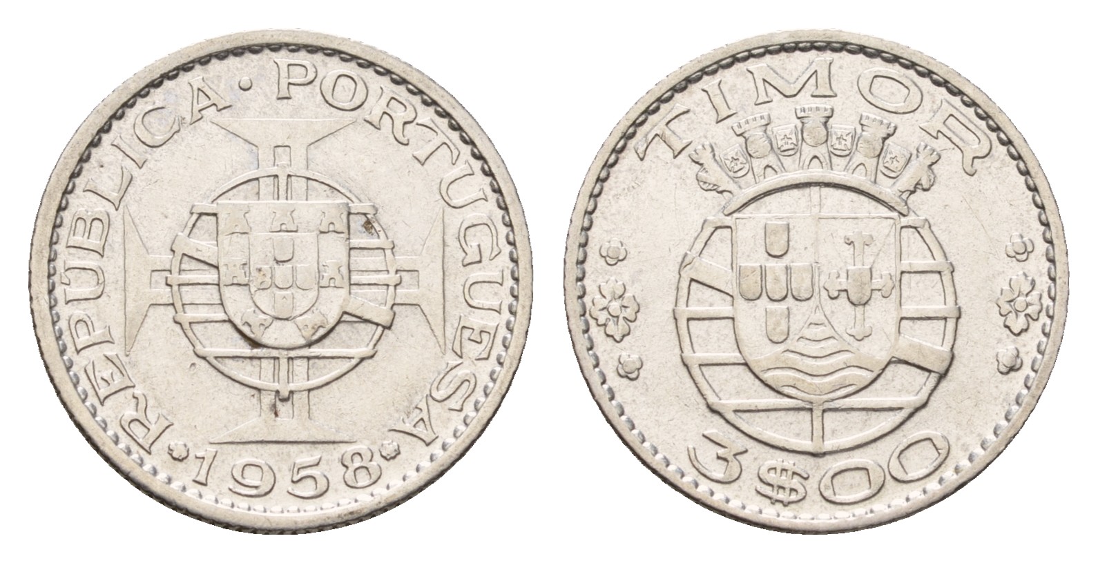 Португальский Тимор 3 эскудо 1958 год-тип KM 14 серебро 4669-765