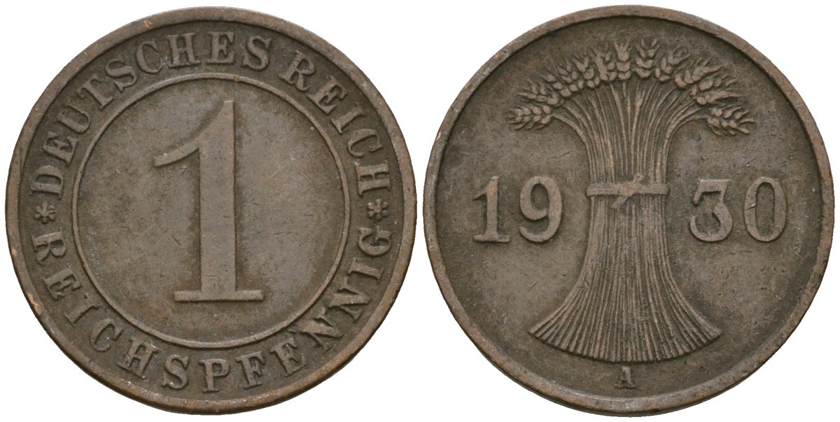 Германия 1 рейхспфенниг 1930 A KM 37, J. 313 бронза 4189-1129