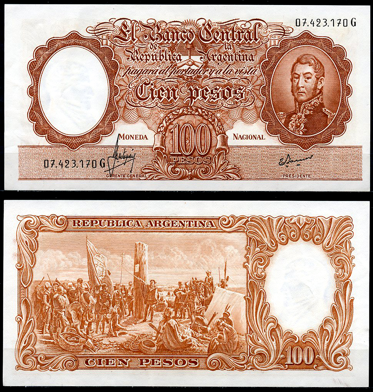 Аргентина 100 песо ND (1967-1969) Генерал Сан Мартин, картина "Основание Буэнос-Айреса", без Ley Pick 277 (2)  бумага  аUNC  444-139-3-2