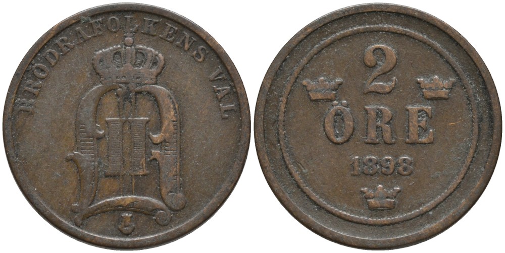 Швеция 2 эре 1898 Оскар II (1872-1907) король Швеции и Норвегии KM 746 бронза 4147-218