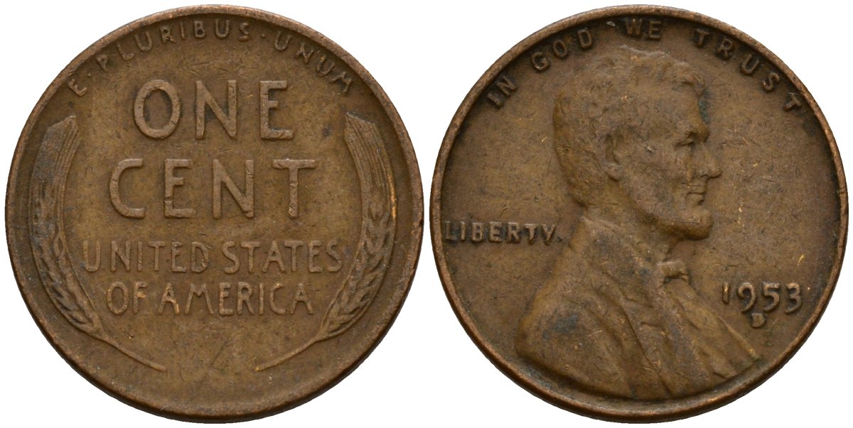 США 1 цент 1953 D, Авраам Линкольн KM A132 медь цинк 4154-1045