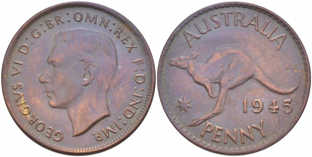 Австралия 1 пенни 1945 p, Георг VI (1937-1952), кенгуру KM 36 бронза 4403-932