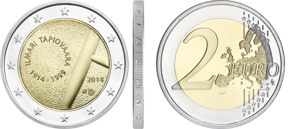 Финляндия 2 евро 2014 100 лет со дня рождения Илмари Тапиоваара (1914-1999), дизайнер KM 212 биметалл UNC M4-5