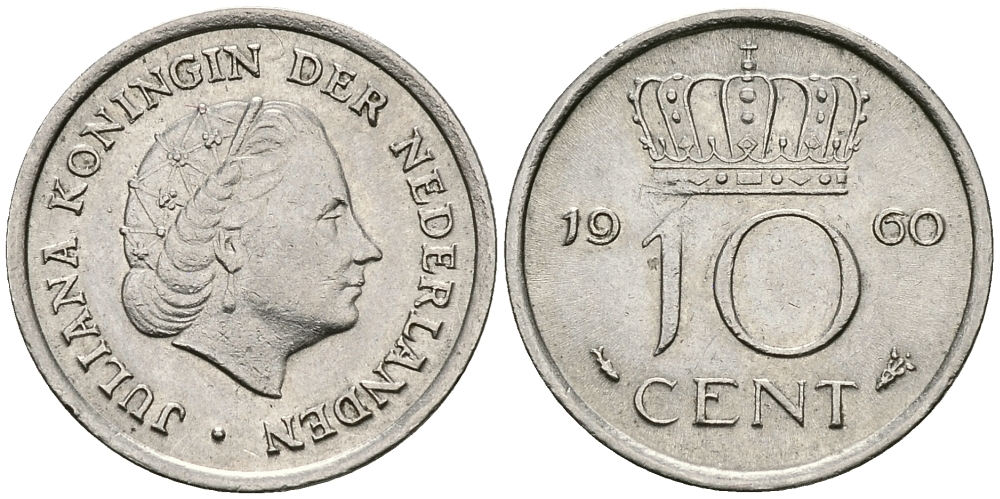 НИДЕРЛАНДЫ 10 ЦЕНТОВ 1960 ЮЛИАНА KM 182 никель 96-368