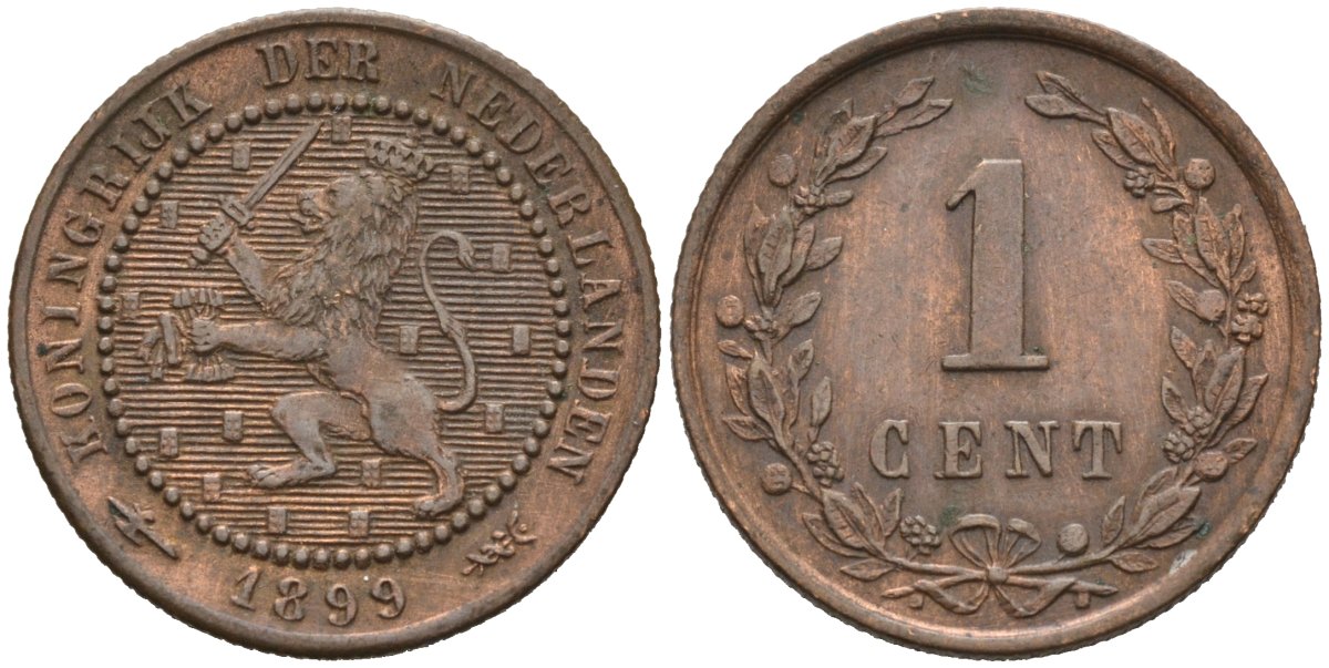 Нидерланды 1 цент 1899 Вильгельмина (1890-1948) KM 107 бронза 4576-638