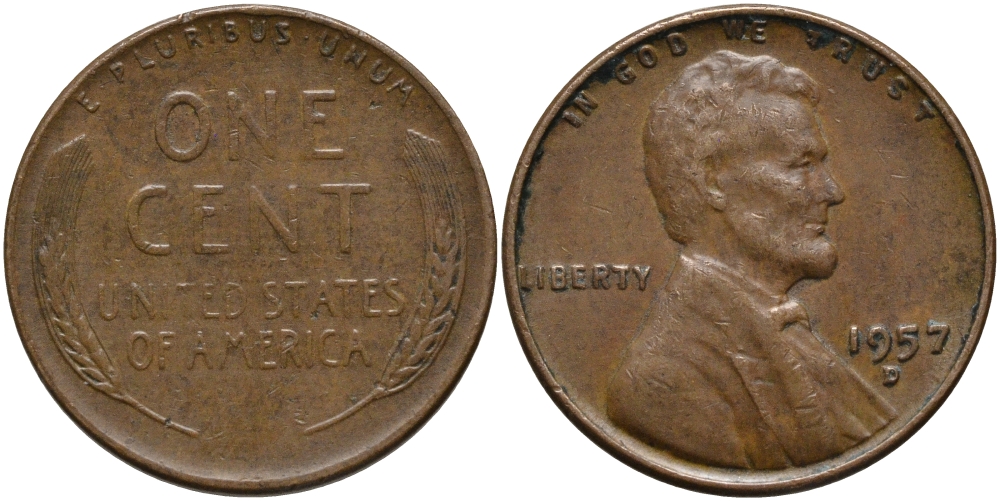 США 1 ЦЕНТ 1957 D, ЛИНКОЛЬН KM А132 медь цинк 54-963