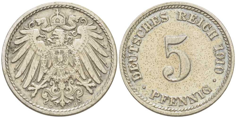 Германия 5 пфеннигов 1910 D KM 11, J. 12, Weege 6 медно-никель 206-962