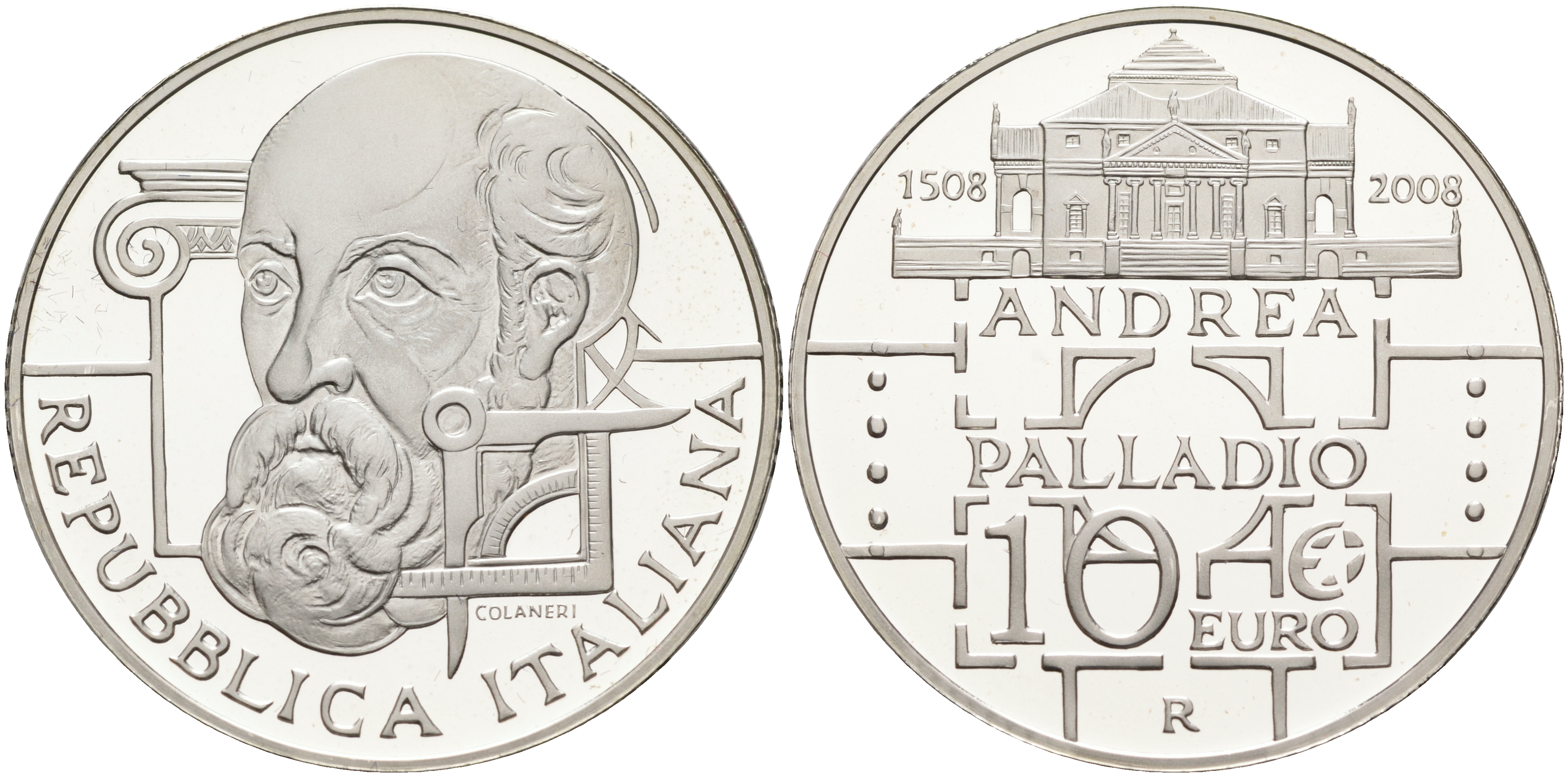Италия 10 евро 2008 500 лет со дня рождения Андреа Палладио KM 305 серебро PROOF 06-281-14
