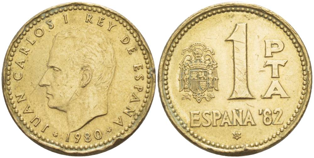 Испания 1 песета 1980 (82) чемпионат мира по футболу в Испании 1982 года, Хуан Карлос I (1975-) KM 816 алюминиевая бронза 4551-621
