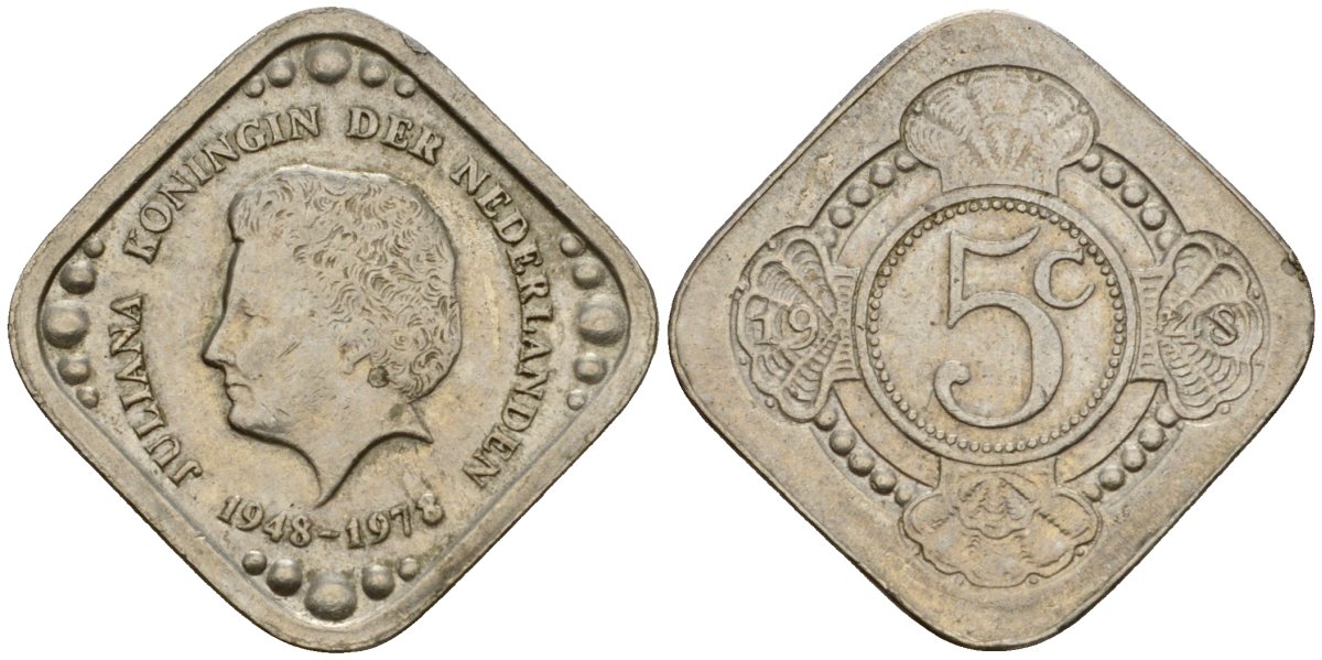 Нидерланды 5 центов 1978 30 лет правления Королевы Юлианы UC 300 медь цинк никель 4575-534