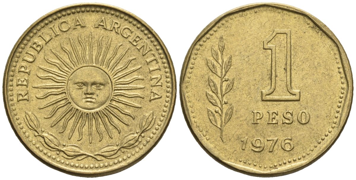 Аргентина 1 песо 1976 майское солнце KM 69, CJ 326, Schon 69 алюминиевая бронза    60-1053