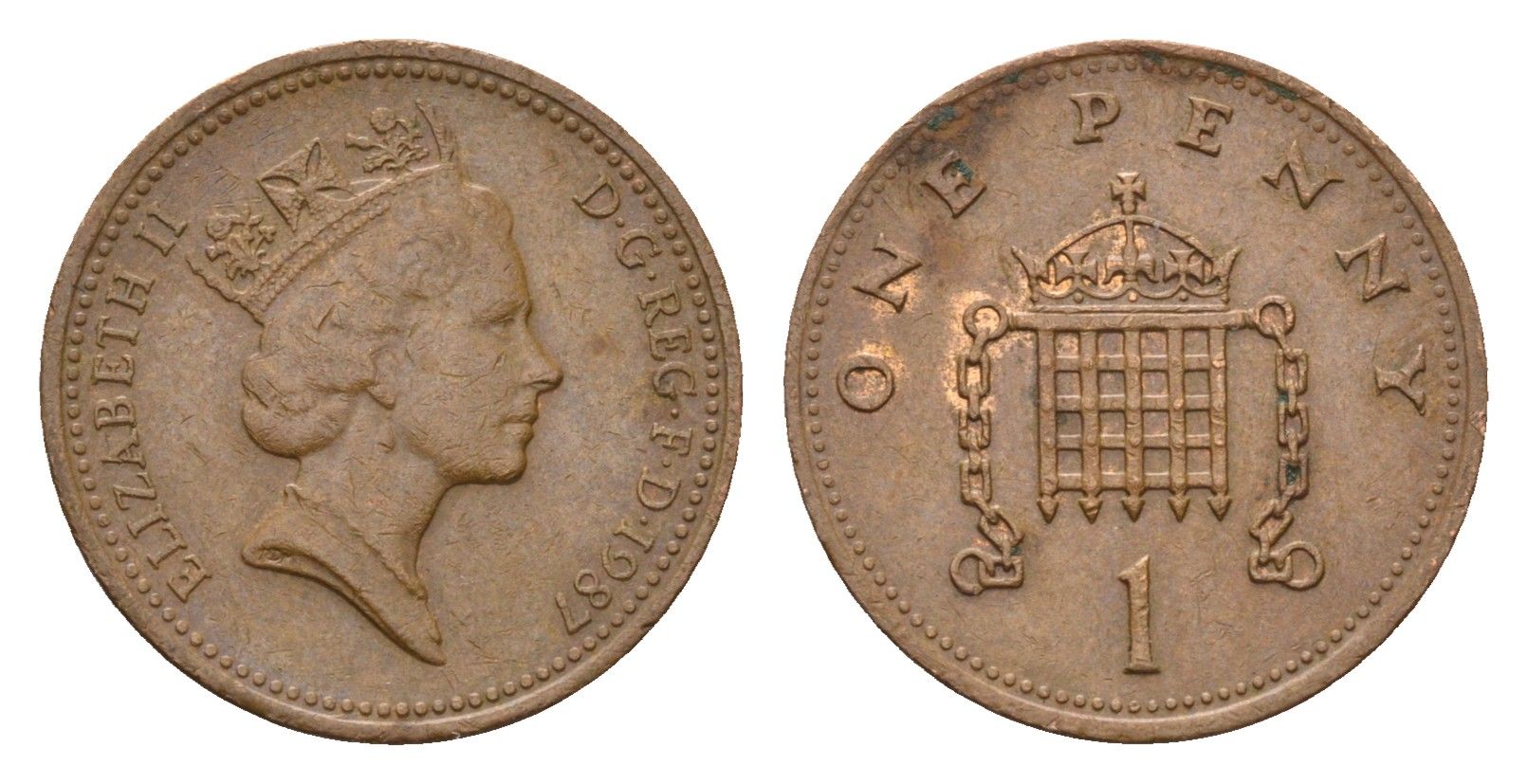Великобритания 1 пенни 1987 Елизавета II (1952-2022) KM 935, Spink 4381 (B3) бронза 4696-757