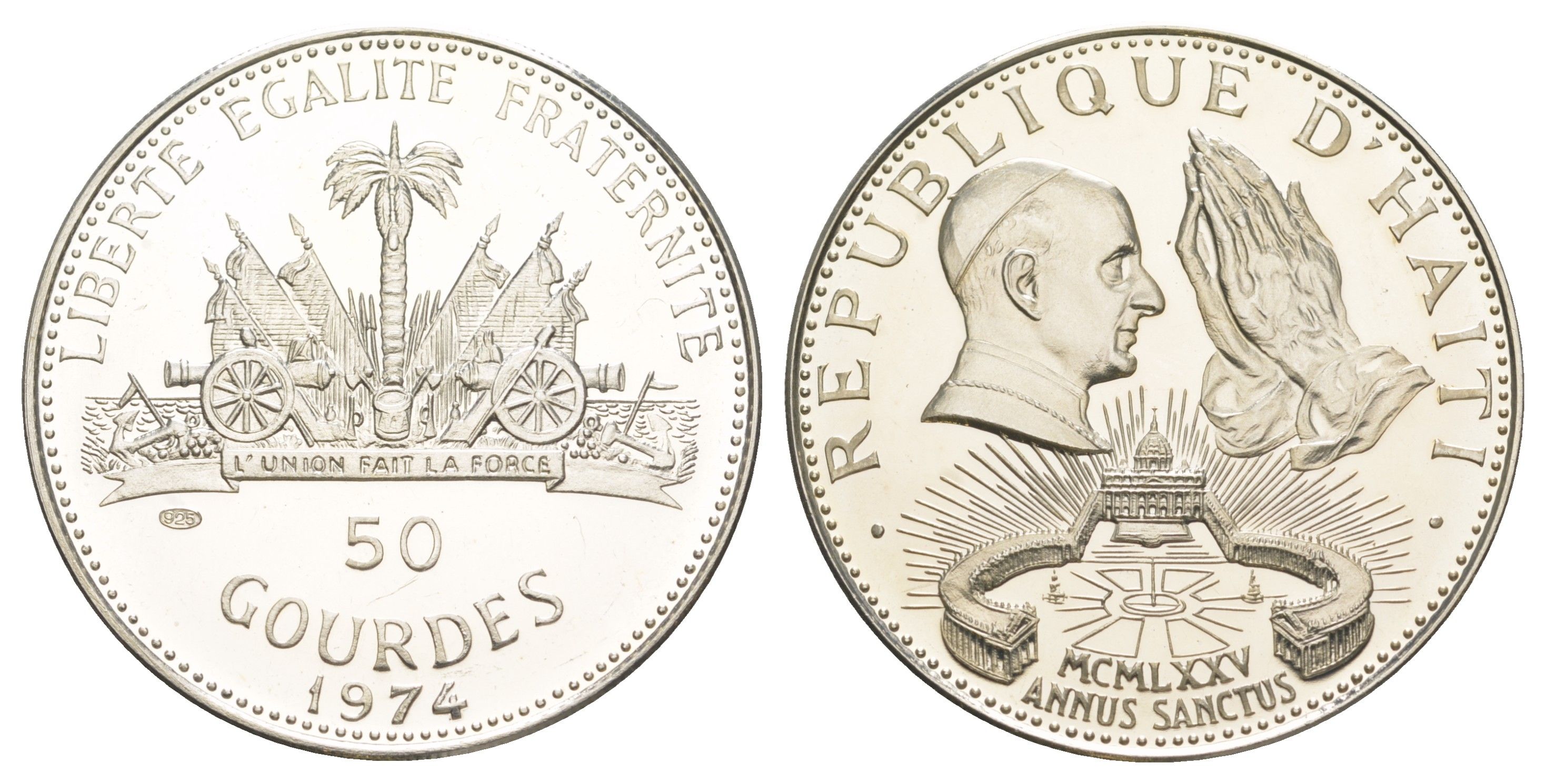 Гаити 50 гурдов 1974 Священный год, тираж 960 экземпляров KM 123 серебро PROOF 11-015-41