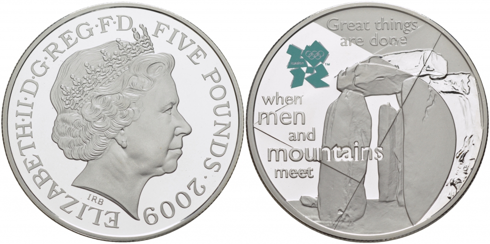 Великобритания 5 фунтов 2009 Елизавета II (1952-2022), XXX летние Олимпийские Игры. Празднование в Британии - Стоунхендж KM 1145, Spink LO38 серебро PROOF 01-173-33