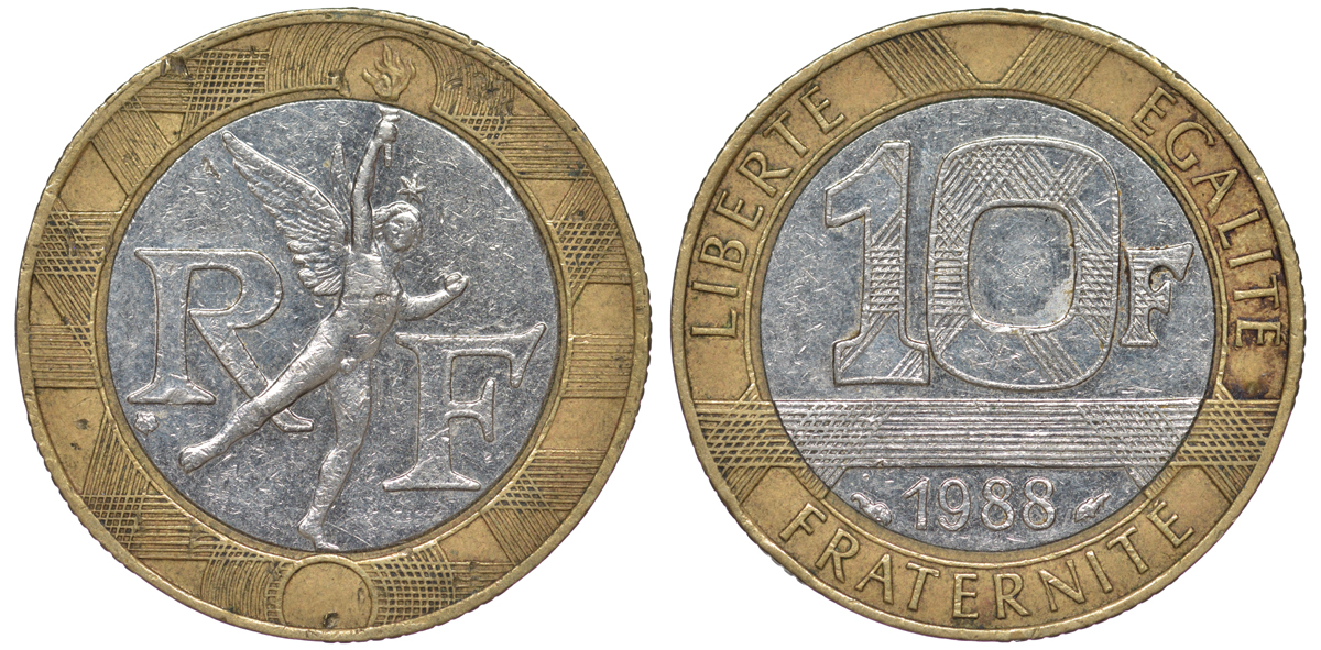 Франция 10 франков 1988 тип гений Бастилии KM 964.1, Le Franc 375.2 биметалл 45-511
