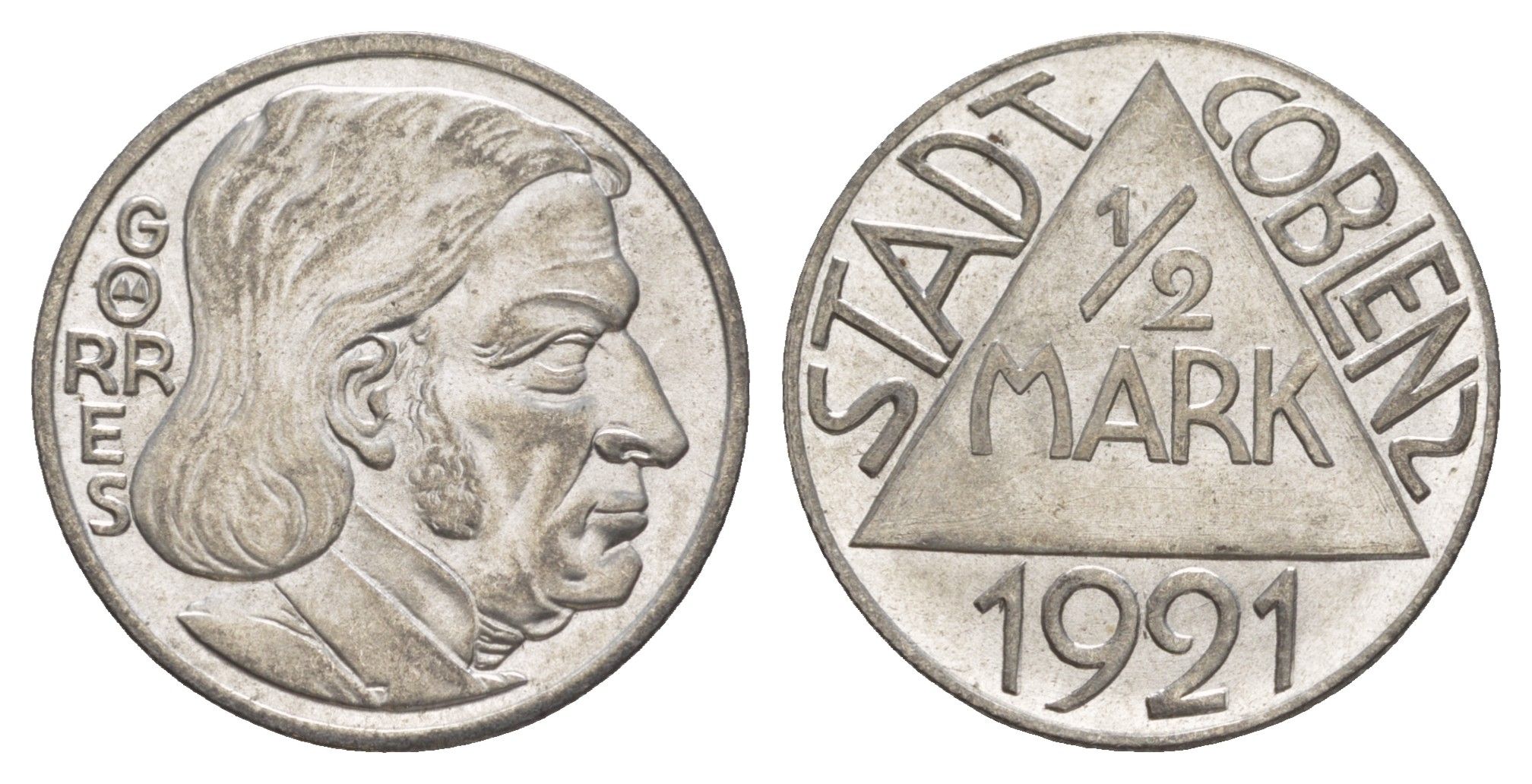 Кобленц 1/2 марки 1921 Funck 80.9A, Men05 4526.18, Men18 5727.18/20 сталь UNC 4637-1137