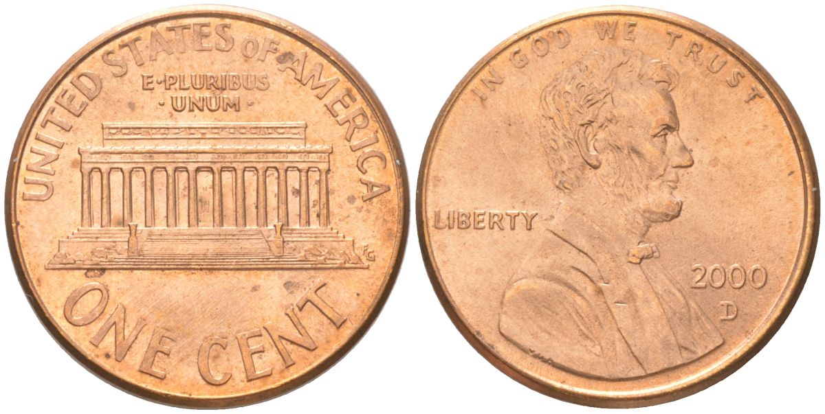 США 1 цент 2000 D, Линкольн KM 201b цинк плакированный медью UNC 4613-1249