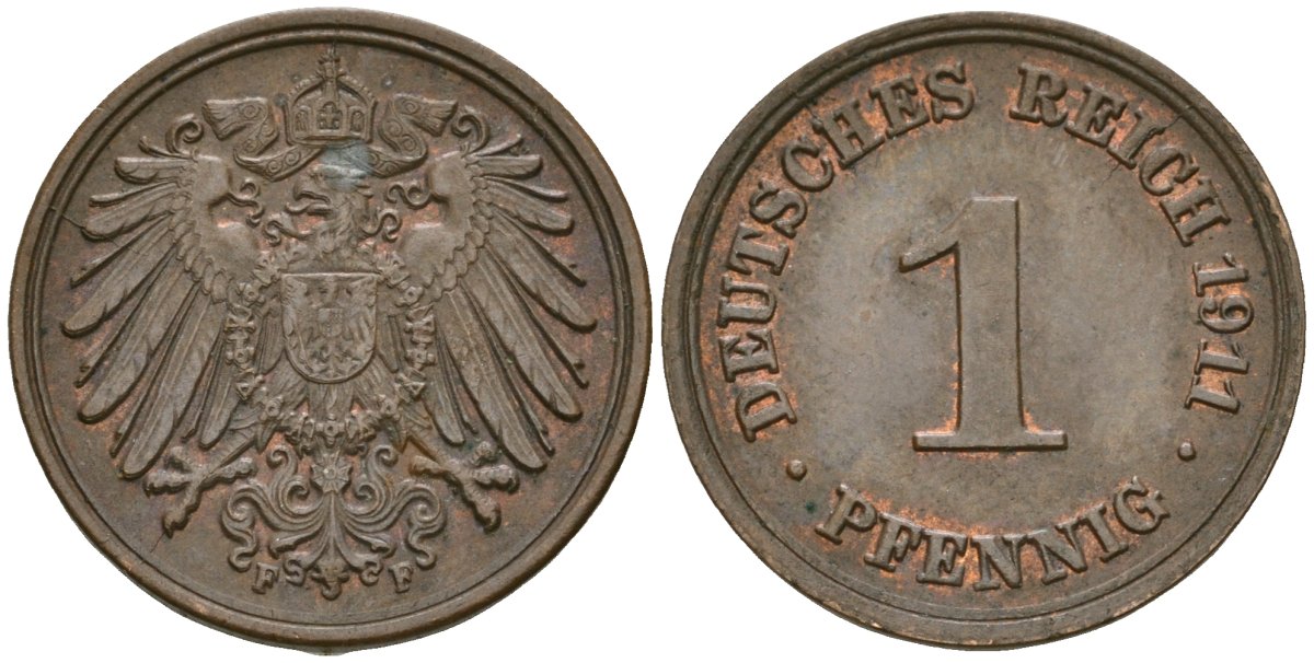 Германия 1 пфенниг 1911 F, Вильгельм II (1888-1918) KM 10, J. 10 медь 4608-615