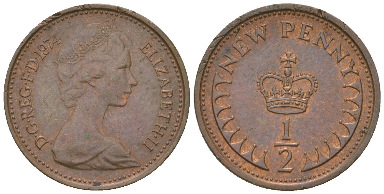 Великобритания 1/2 пенни 1974 Елизавета II (1952-2022) KM 914, Spink 4239 бронза 3458-1266