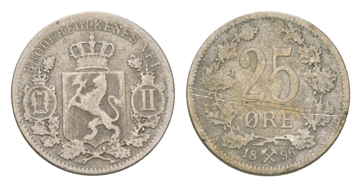 Норвегия 25 эре 1896 Оскар II (1872-1905) KM 360 серебро 4623-715