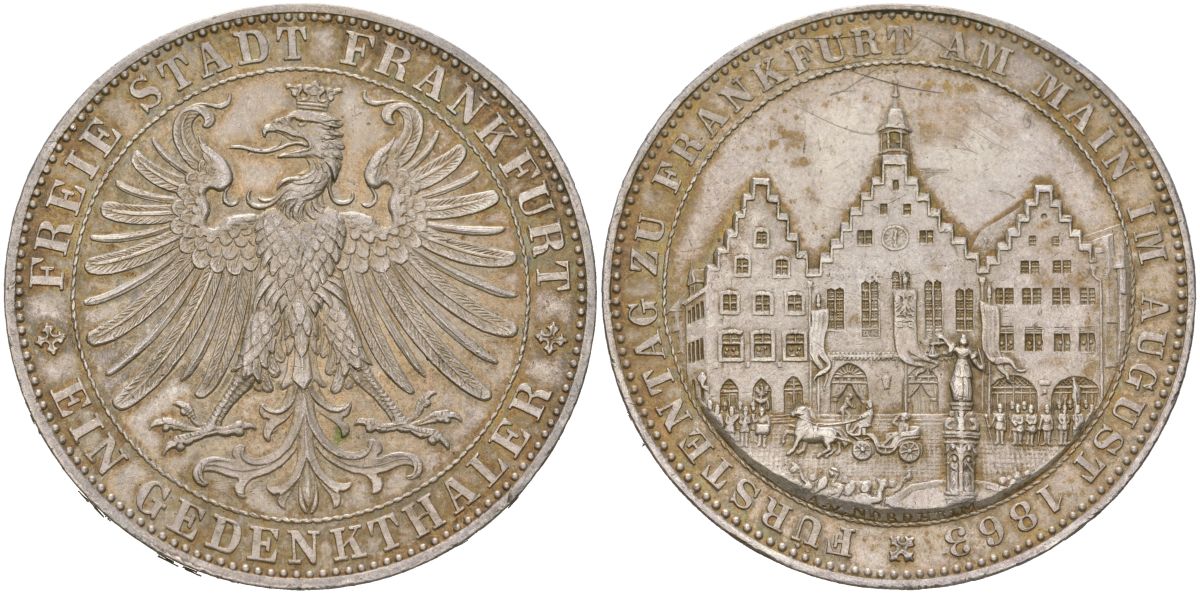 Франкфурт 1 талер 1863 Ассамблея Принцев KM 372, AKS 45, Jaeger 52, Thun 147, Kahnt 172, Davenport 654 серебро 00-901-40