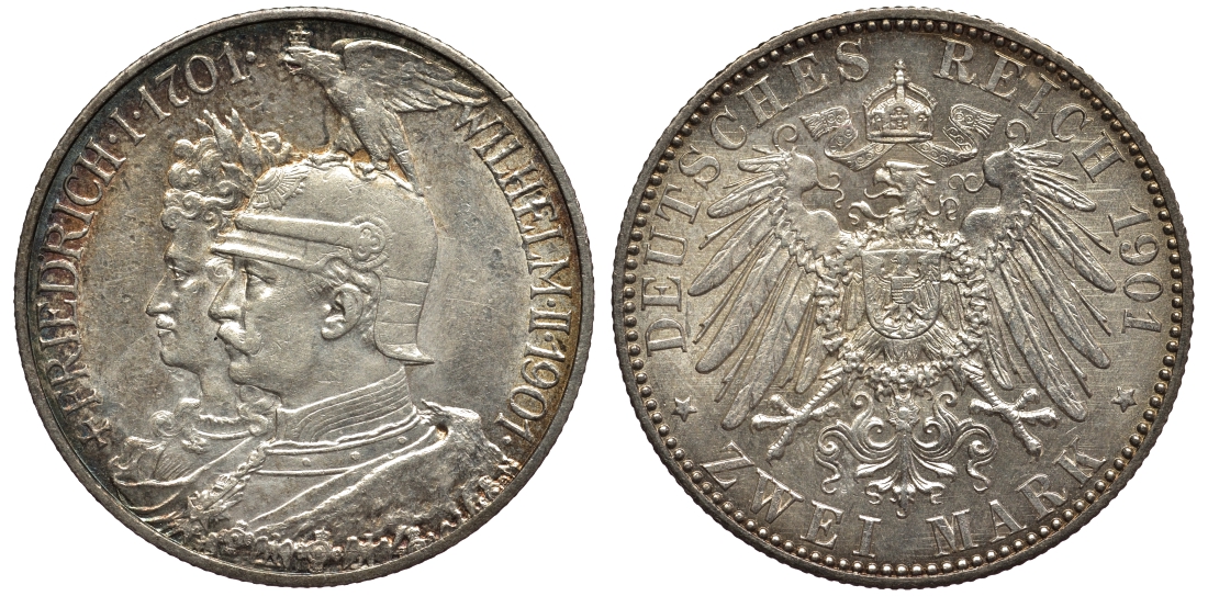 Пруссия 2 марки 1901 A, 200 лет Прусской королевской династии (Фридрих I - Вильгельм II) J.105, Weege 105, KM 525 серебро 02-014-36