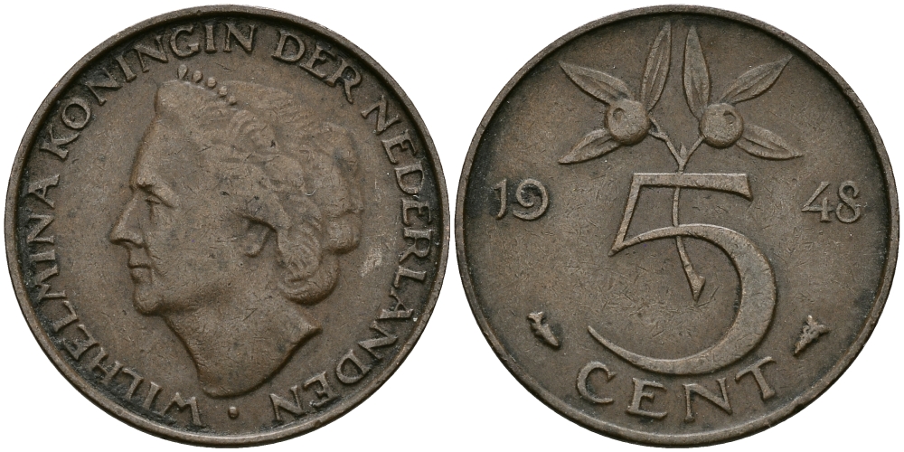 НИДЕРЛАНДЫ 5 ЦЕНТОВ 1948 ВИЛЬГЕЛЬМИНА KM 176 бронза 95-216