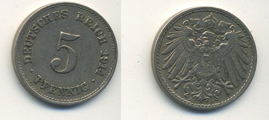 ГЕРМАНИЯ 5 ПФЕННИГОВ 1914 J, KM 11, J. 12 медно-никель 54-638