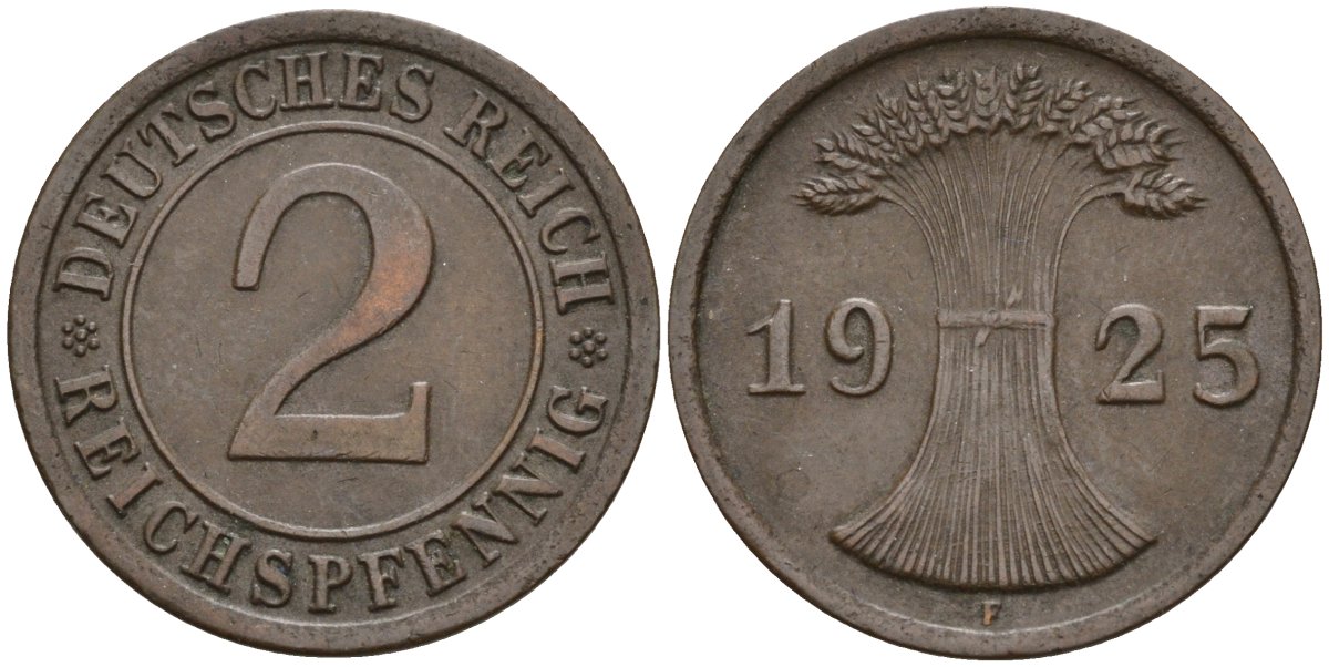 Германия 2 рейхспфеннига 1925 F KM 38, J. 314 бронза 4147-1249